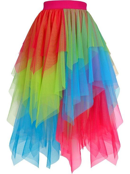 Dresses & Skirts - Women's Star Sequined Tulle High Low Layered Pull On Rainbow Mesh Midi Skirt